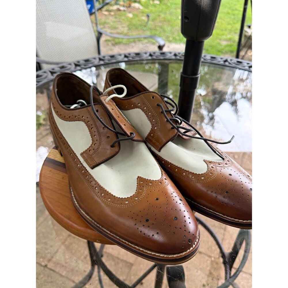 JOHNSTON & MURPHY MENS 12 M BROWN WHITE LEATHER WINGTIP BROGUE OXFORD